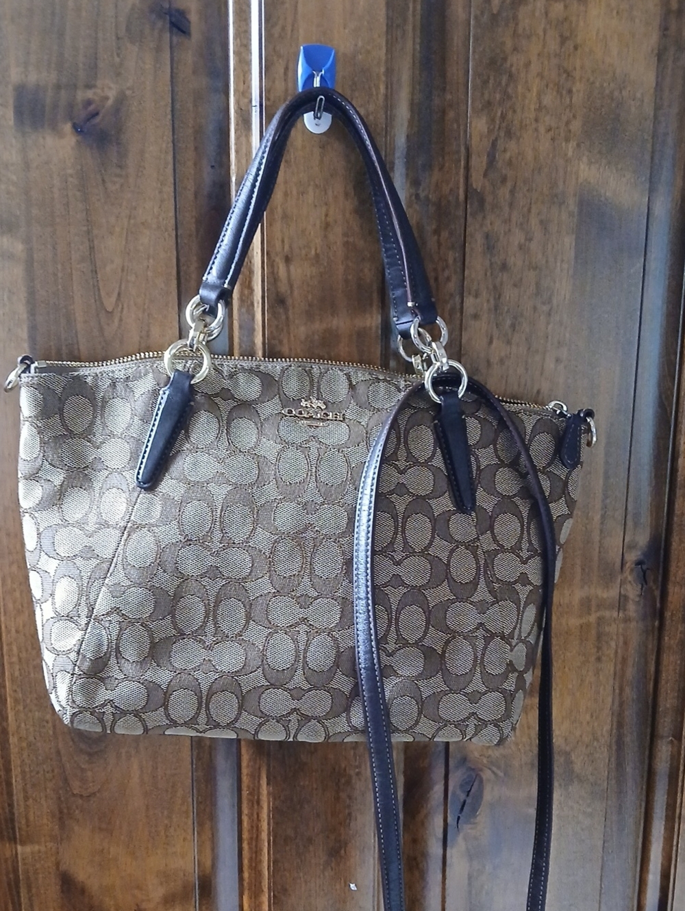 Coach Brown Signature Canvas Shoulder Bag with Dark Trim